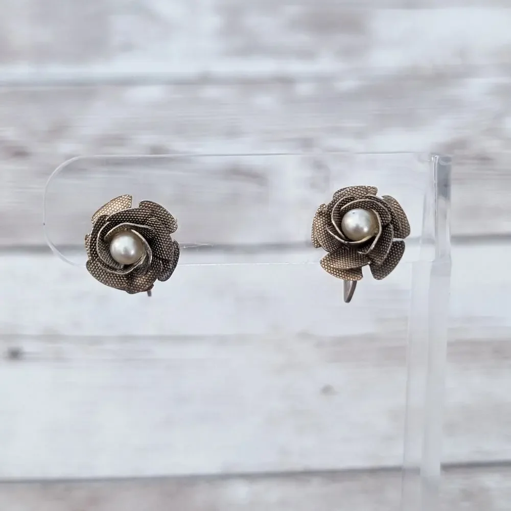 Vintage Screw Back Earrings Brass Tone Flower - One is Bent